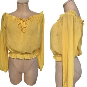 Guess Long Sleeve Delicate Smock Waist Off the Shoulder Yellow Top